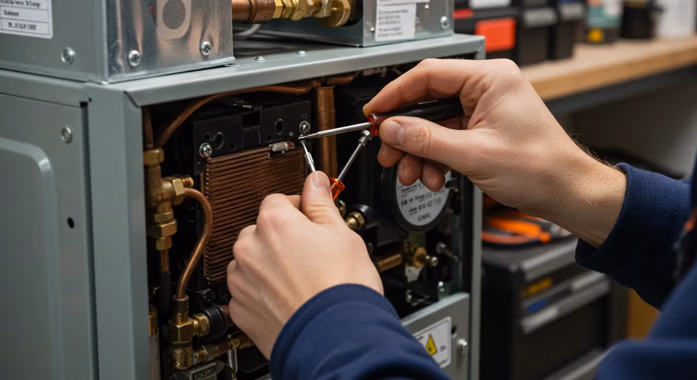 A close-up of a technician's hands using two screwdrivers to make an adjustment on a component inside a furnace.