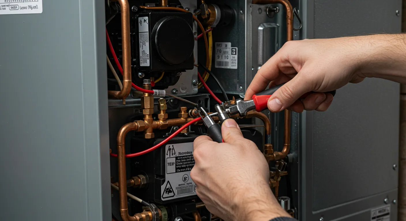 A close-up of a technician's hands using a pair of pliers and a screwdriver to work on a furnace's wiring.