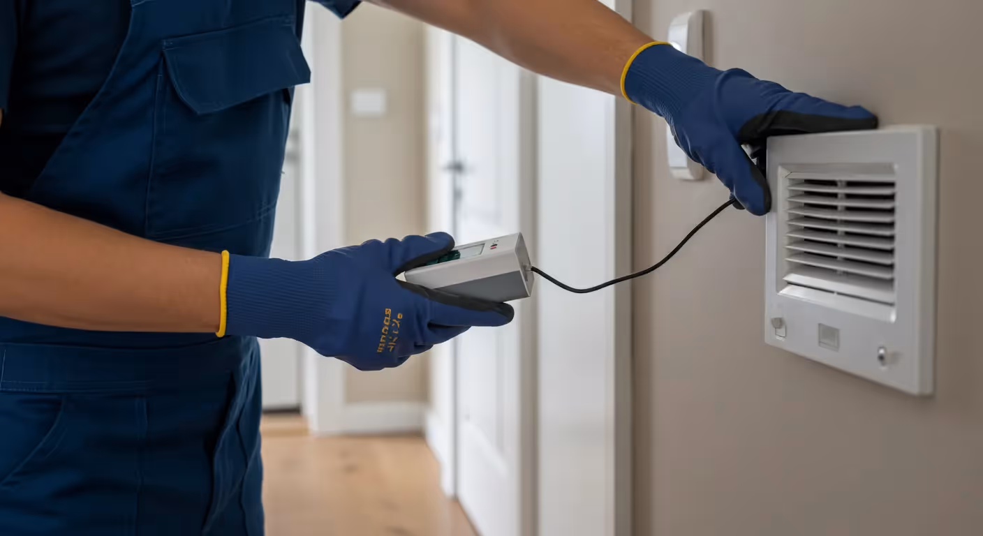 A technician is using a portable air quality testing device to measure the airflow from a wall vent.