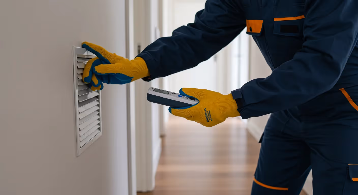 A technician wearing yellow and blue gloves is using a handheld device to test the air quality at a wall vent.