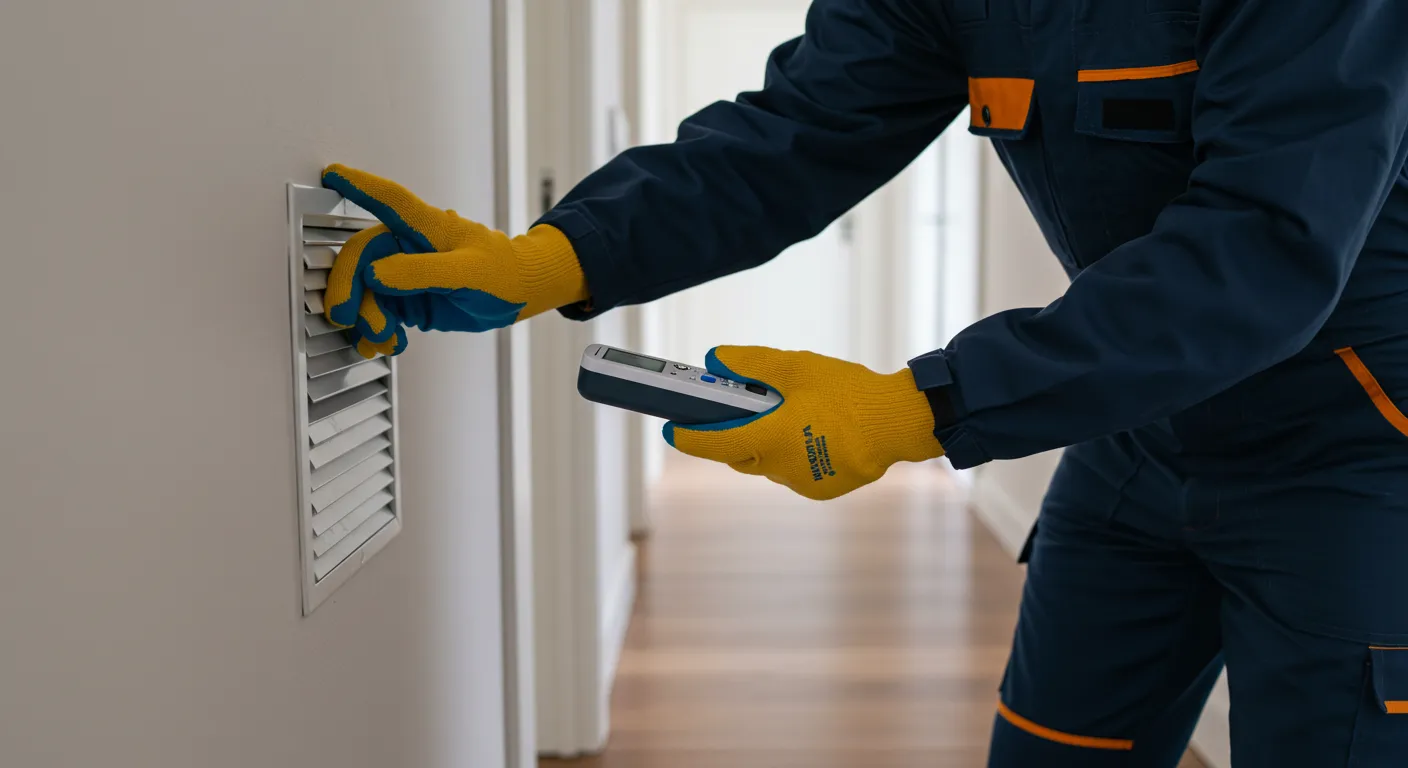 A technician wearing yellow and blue gloves is using a handheld device to test the air quality at a wall vent.