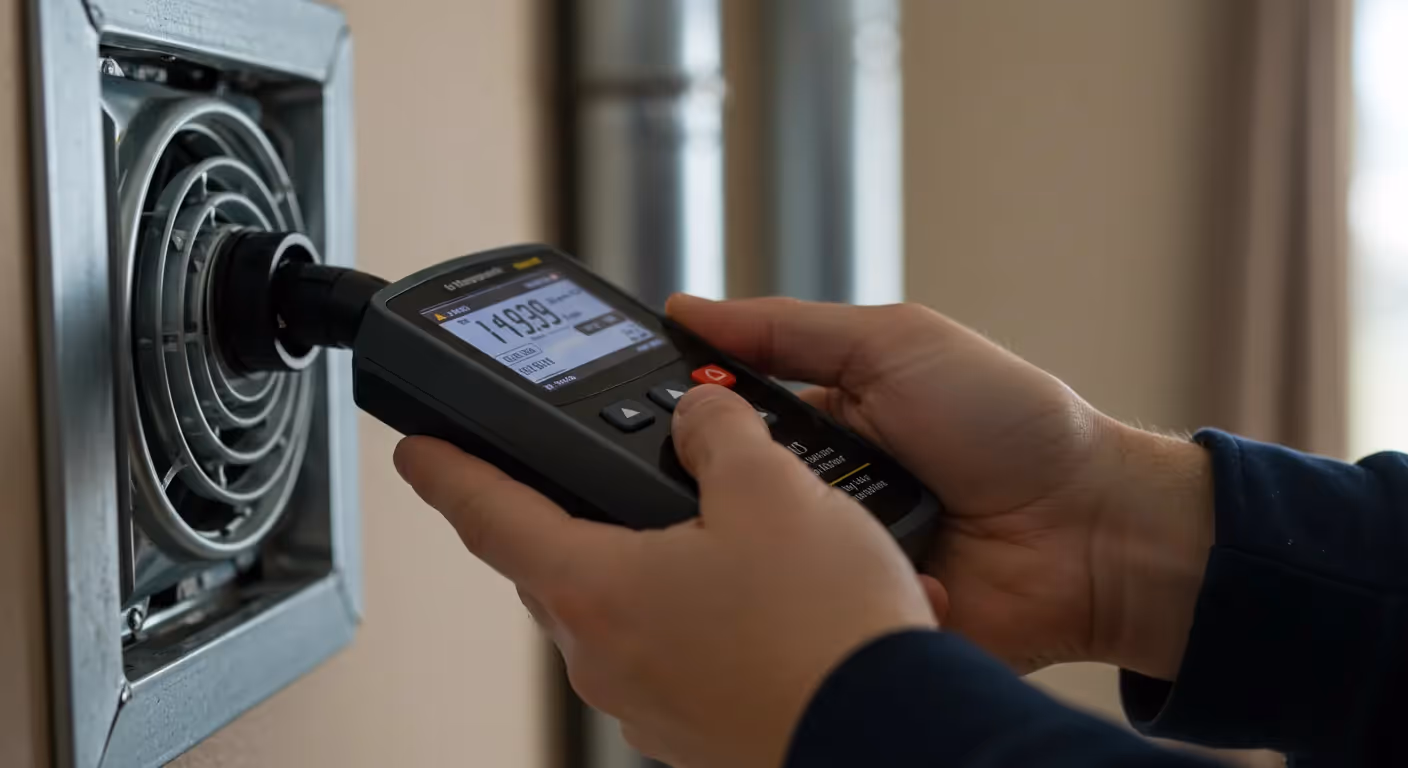 A close-up of a person's hands holding a black digital air quality meter, with the probe inserted into an exhaust vent.