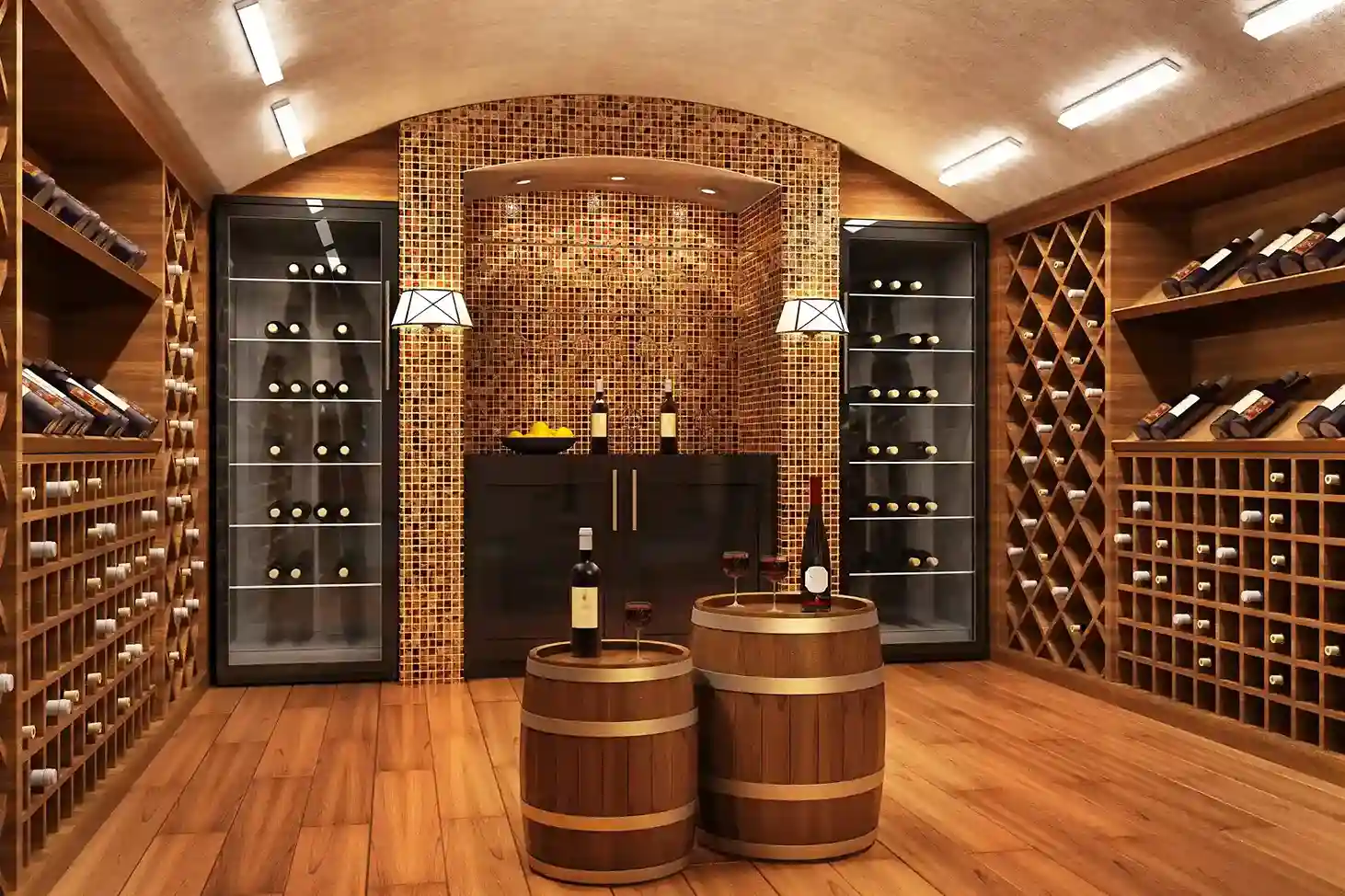 Luxury modern wine cellar featuring oak barrels, curved ceiling, and built-in coolers.