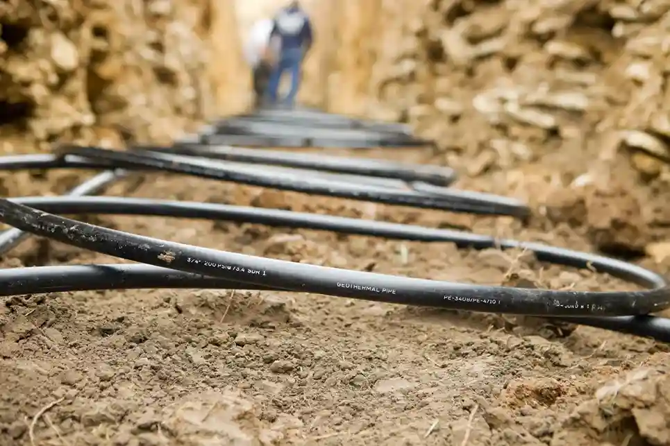 A close-up, ground-level view of a black geothermal pipe lying in a shallow trench with dirt and rocks.