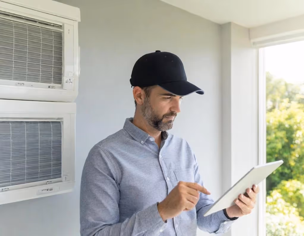 Technician in a button-down shirt and cap using a tablet to diagnose a stack of mini-split AC units.