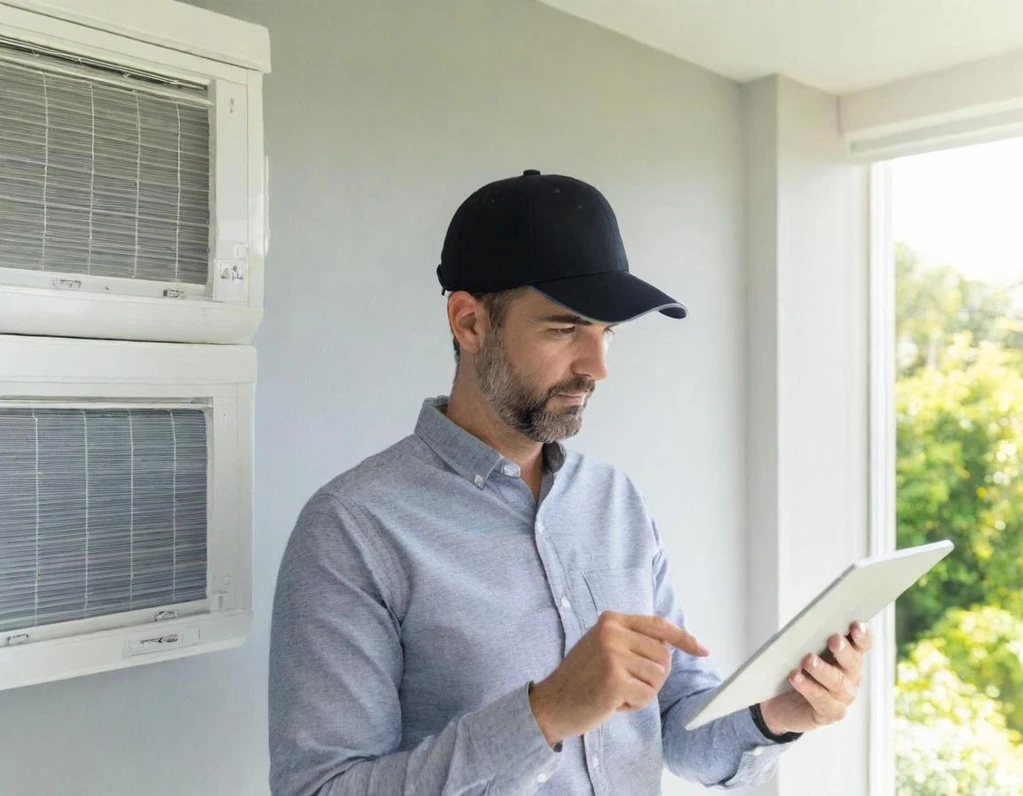 Technician in a button-down shirt and cap using a tablet to diagnose a stack of mini-split AC units.