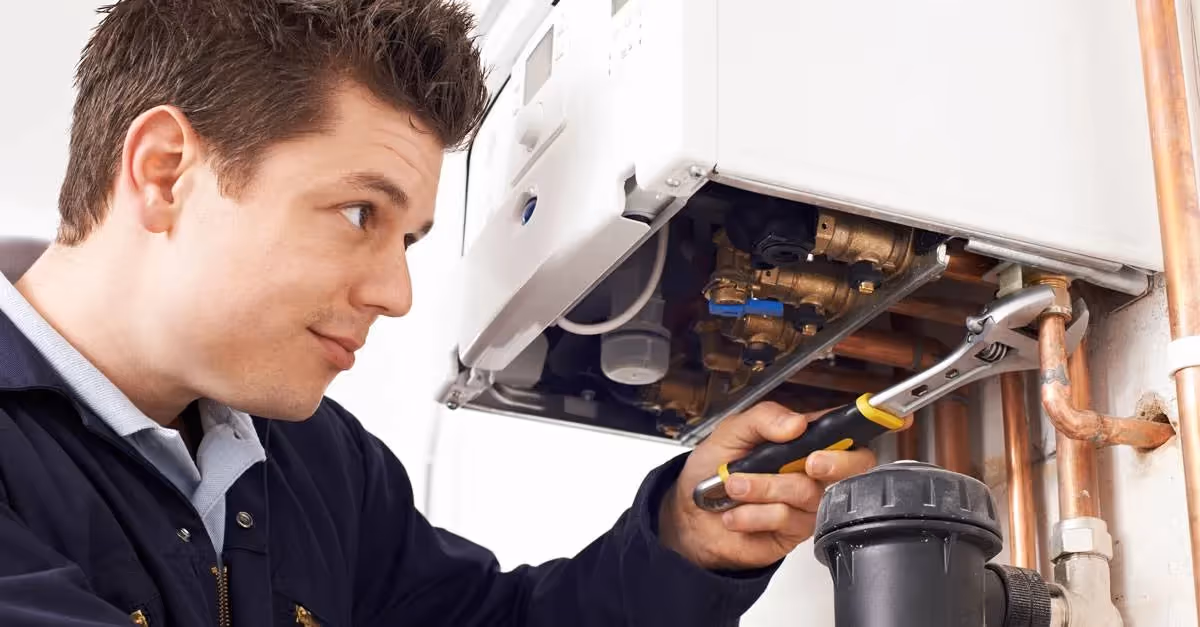 Technician using wrench on heating unit.