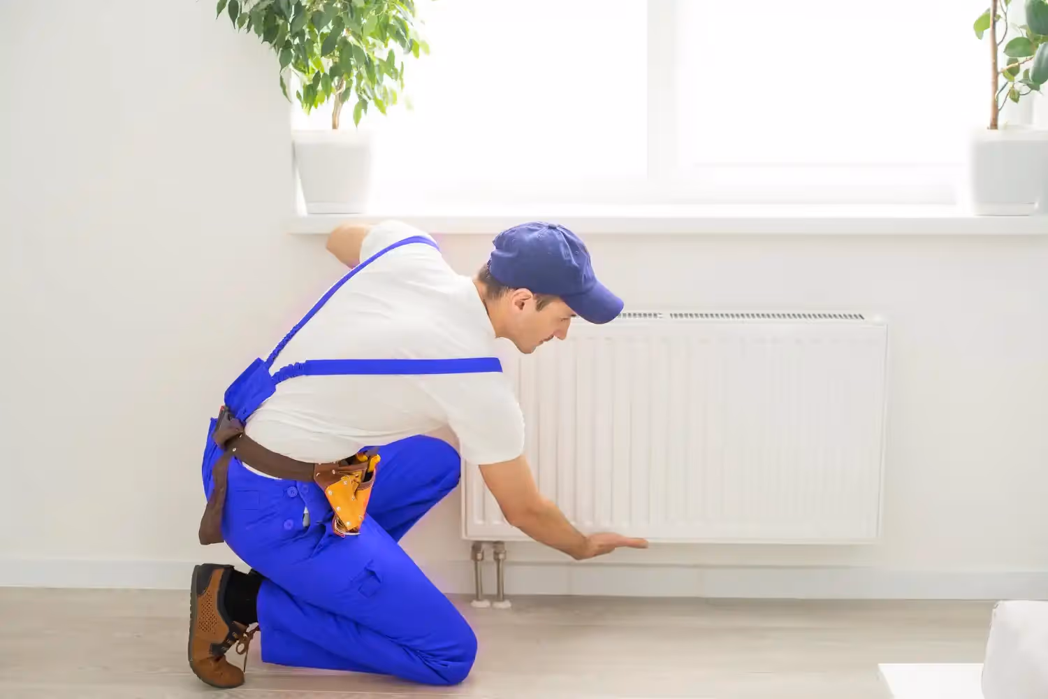 Technician checking for heat from radiator.