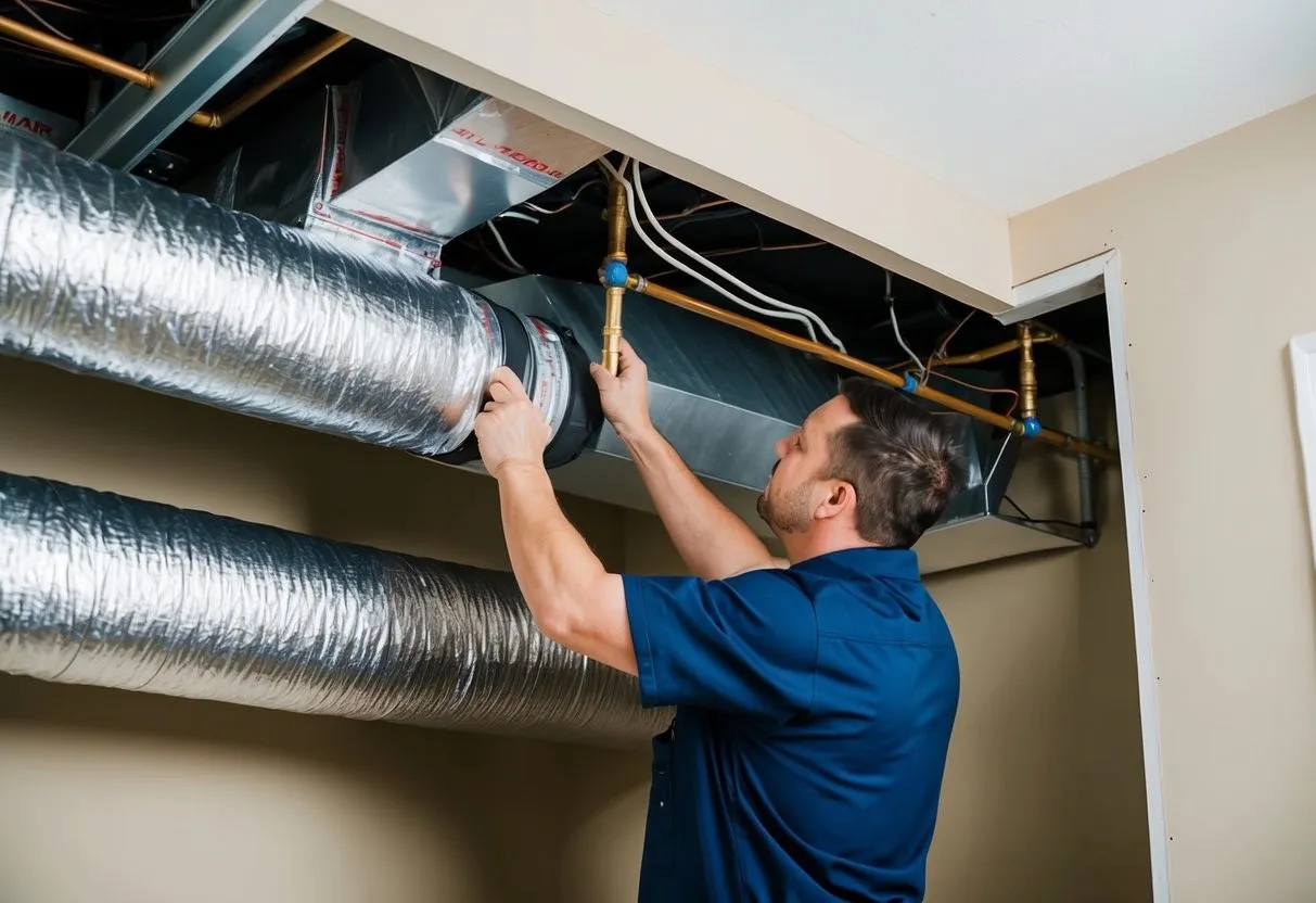 A maintenance worker in a blue uniform inspects ductwork and piping in a ceiling.
