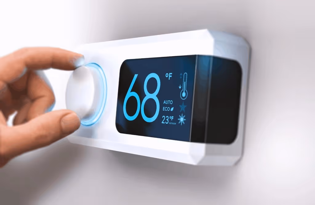 Hand adjusting digital wall smart thermostat.