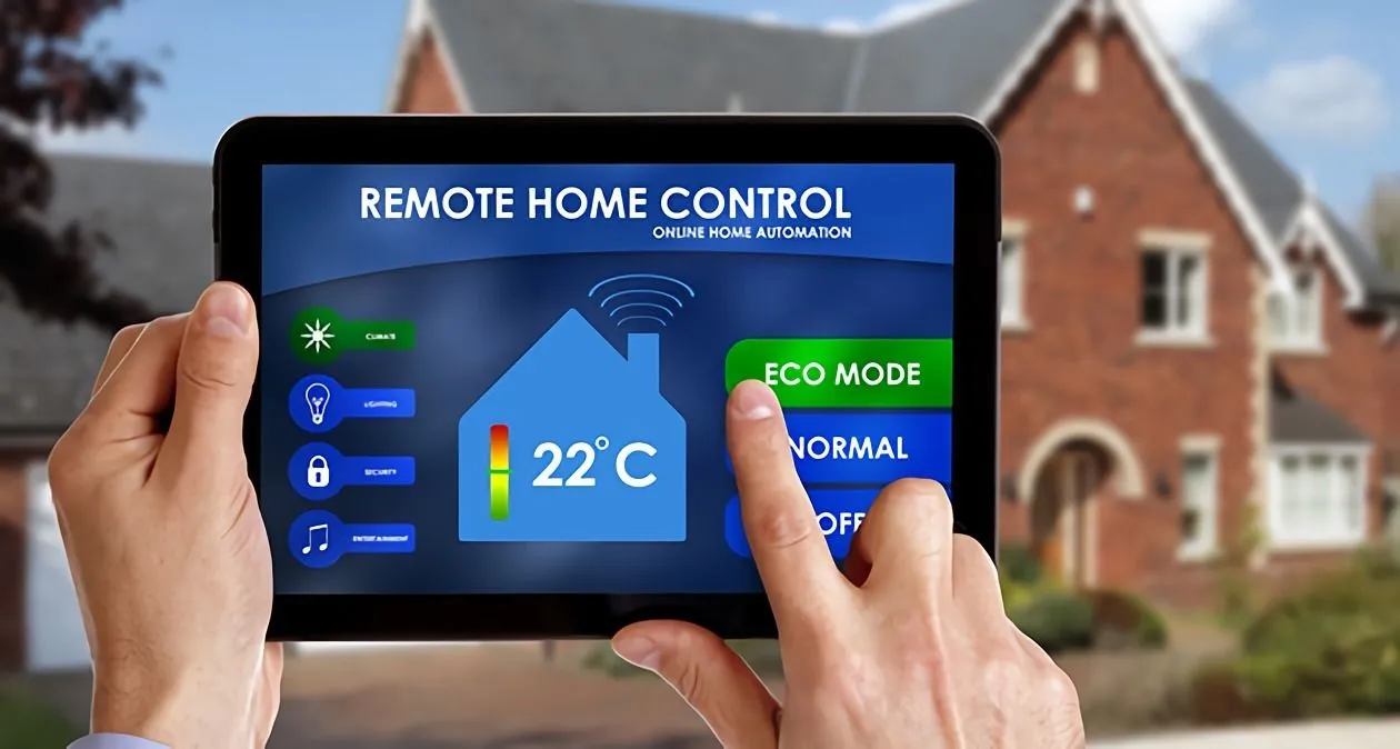 Remote home control tablet interface display.