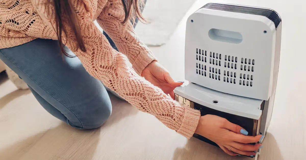 Woman removing water tank from dehumidifier.
