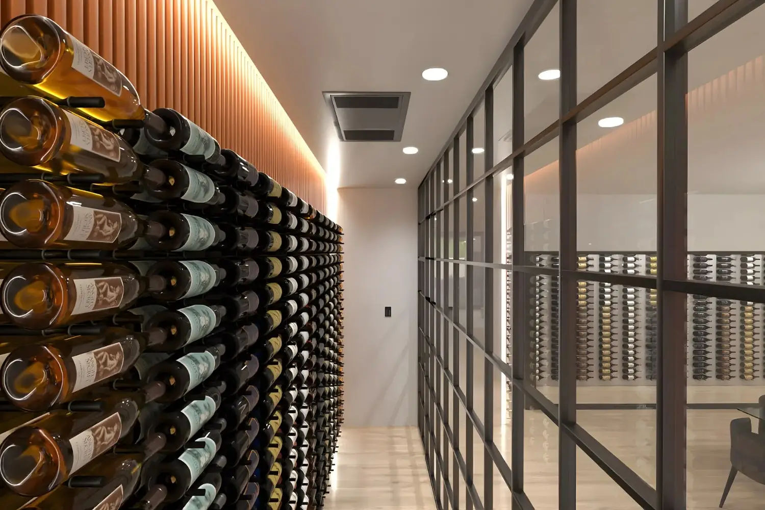 Modern climate-controlled glass-walled wine cellar.