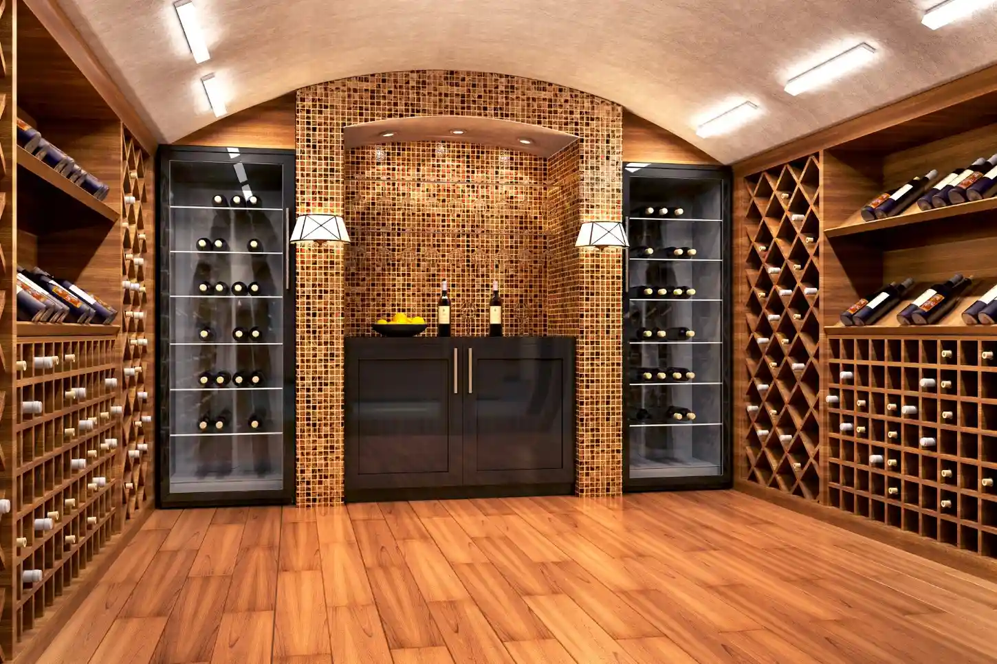 A luxurious wine cellar with wooden shelves and a polished floor, featuring a mosaic-tiled wall.
