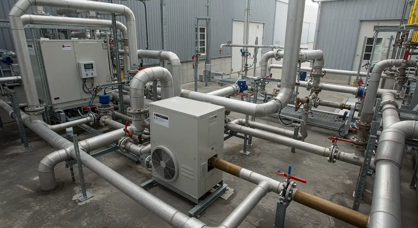 Industrial area with interconnected metal pipes, valves, and machinery. 