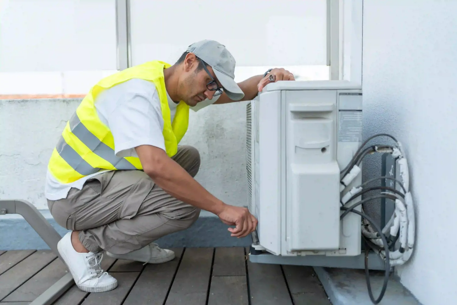 A worker in a bright yellow safety vest crouches beside an air conditioning unit, adjusting its components on a wooden deck.
