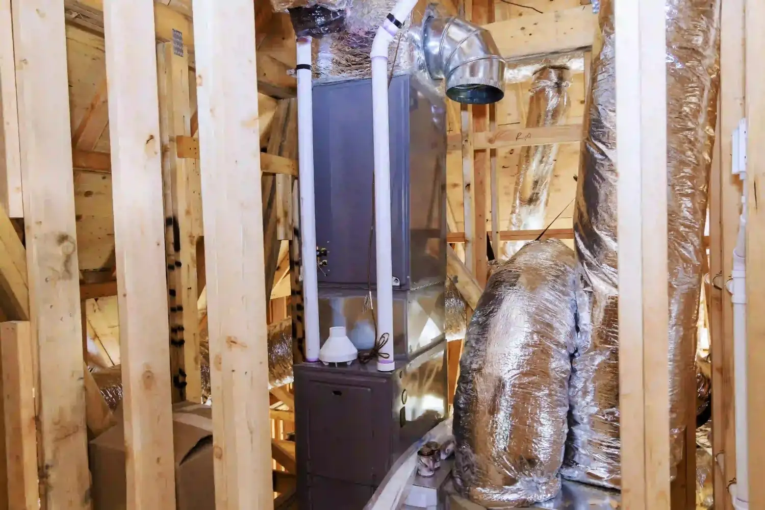An HVAC furnace unit installed within the wooden wall studs of a house under construction. The system features vertical white PVC pipes, insulated flexible ductwork, and metal venting components in an unfinished attic or utility space.
