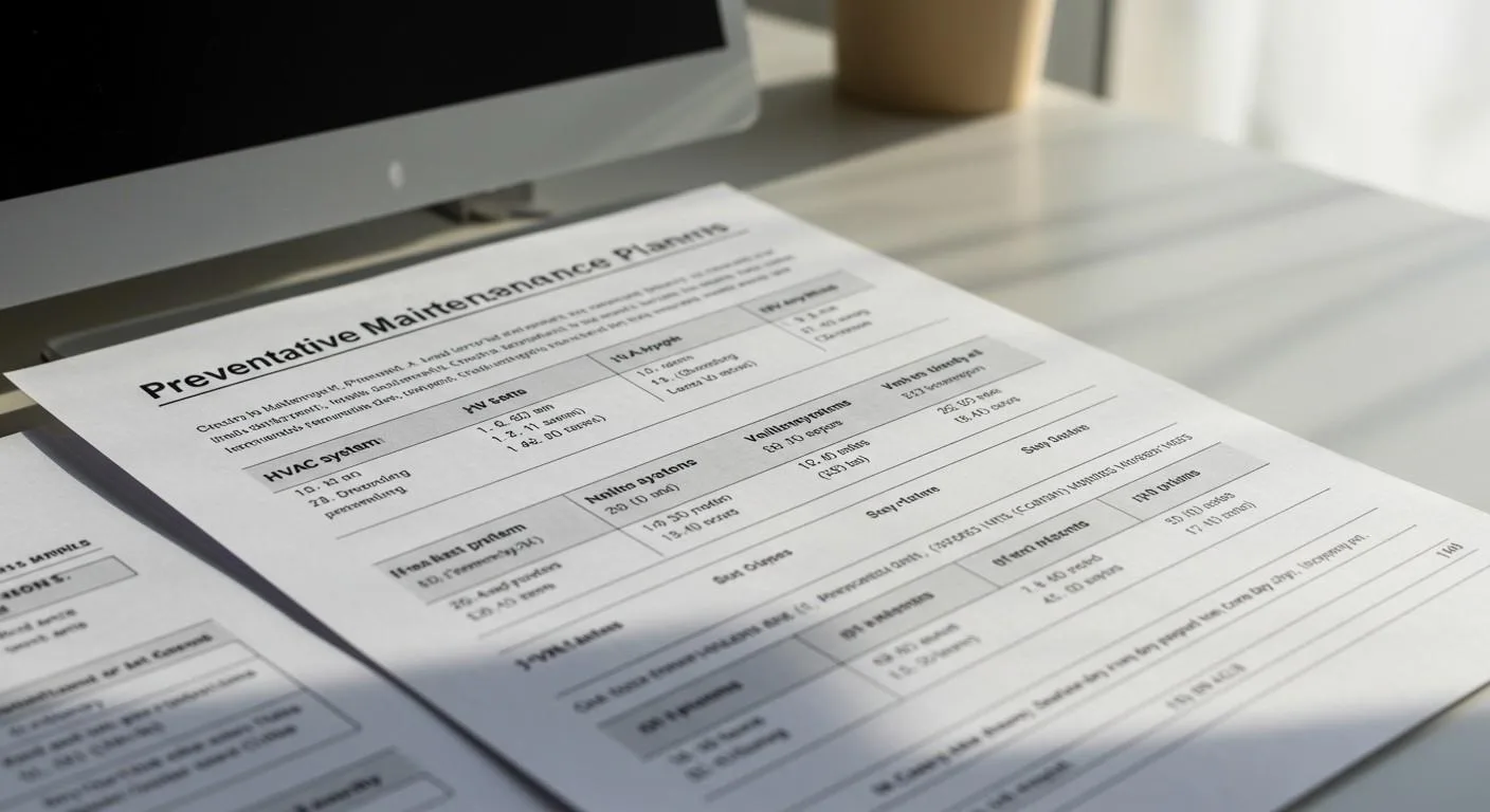 A physical "Preventative Maintenance Plan" document is shown, detailing structured steps and categories for the ongoing upkeep of HVAC systems to ensure long-term efficiency.