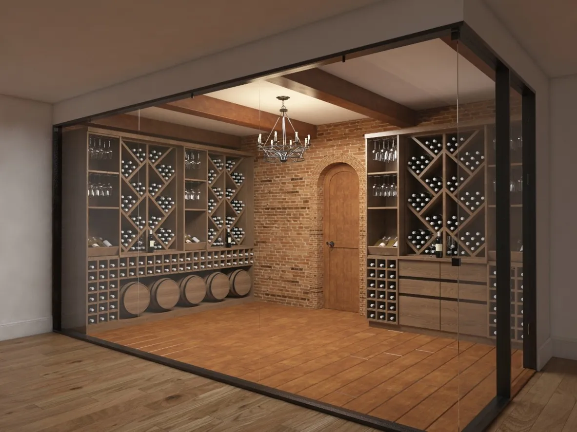 Several wine bottles are stored horizontally on light-wood shelves inside a temperature-controlled wine refrigerator. A small digital display on the dark glass door shows the internal temperature and settings.