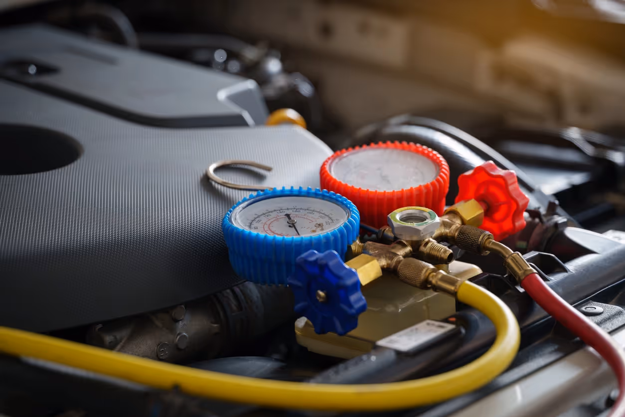 Close-up of car engine with red and blue HVAC manifold gauges connected by hoses for air conditioning maintenance