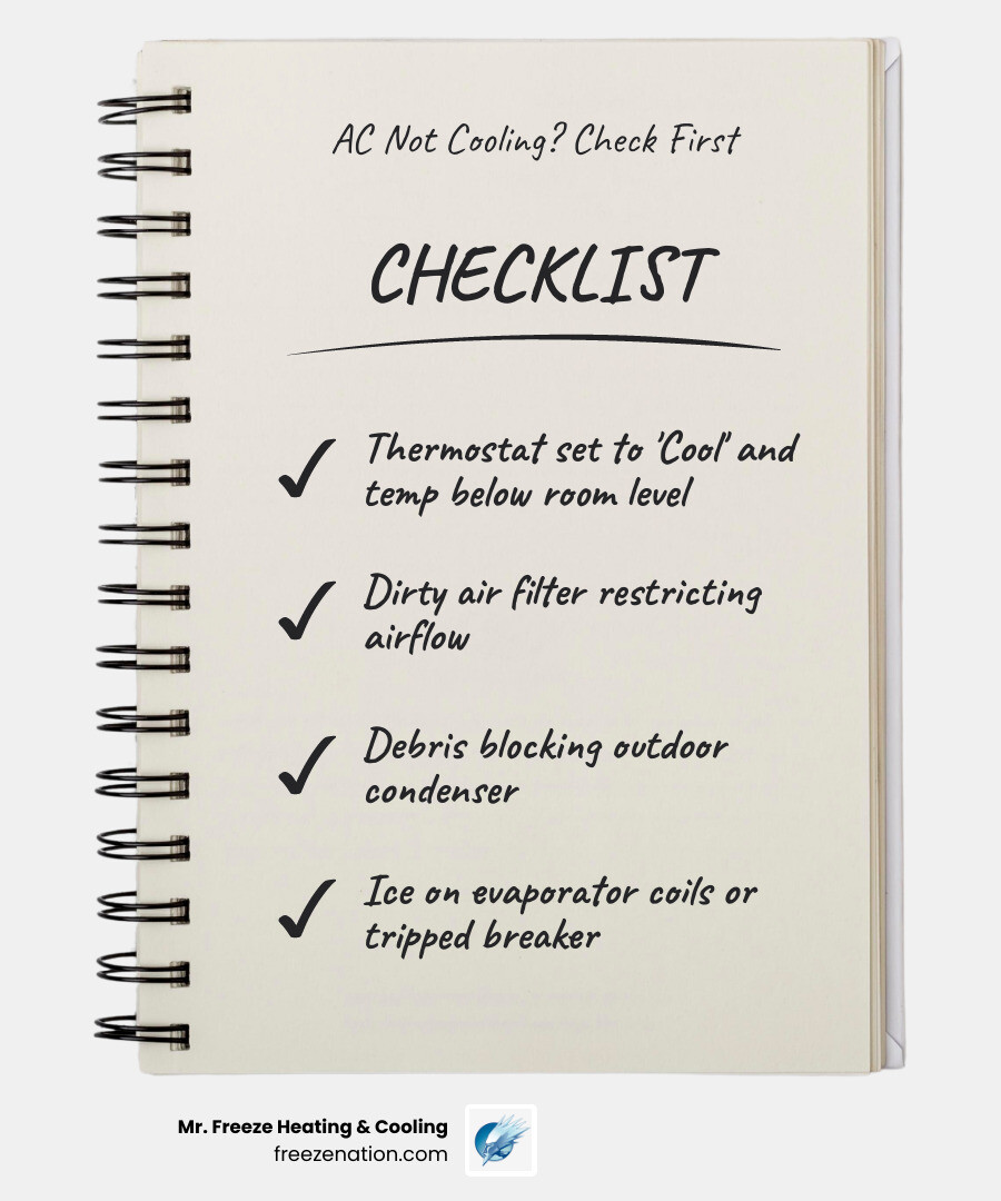 infographic showing common AC not cooling causes from thermostat to refrigerant leak with DIY vs pro indicators - ac not
