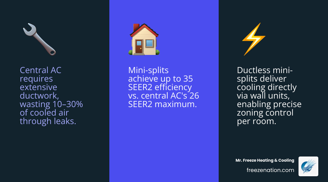 Central AC vs ductless mini split comparison infographic showing key differences in efficiency, cost, and zoning - central Central AC vs ductless mini split comparison infographic showing key differences in efficiency, cost, and zoning - central