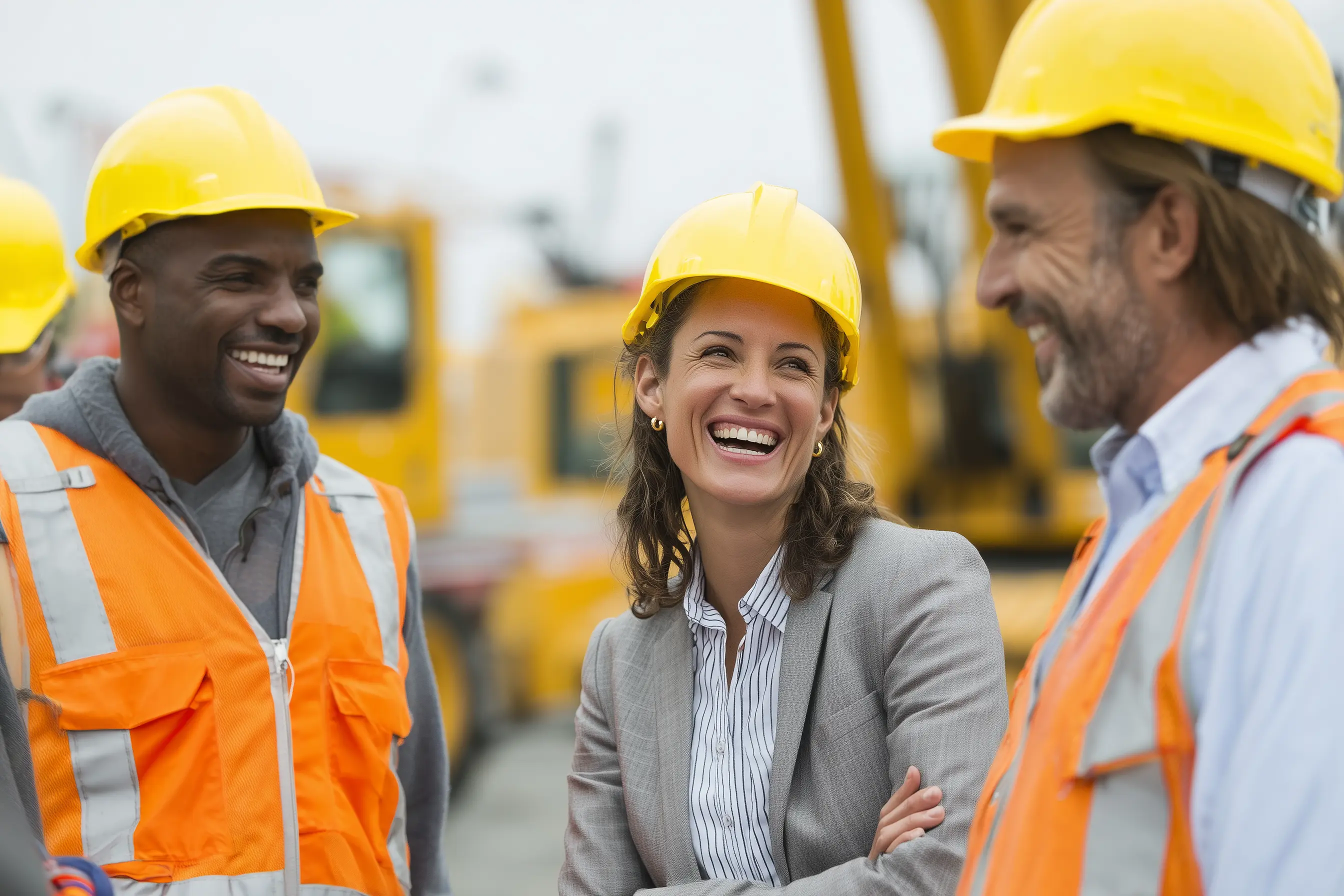 a photo of consturction workers in conversation smiling