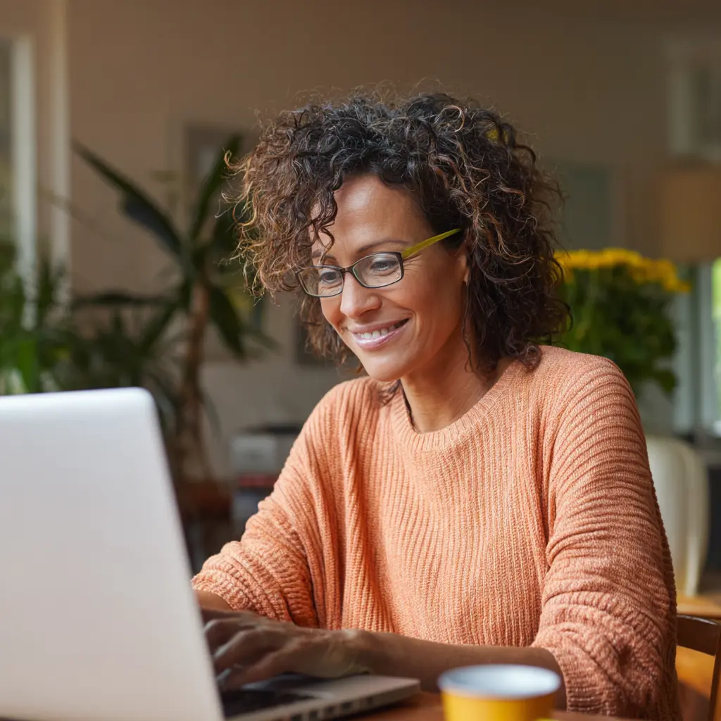 a woman is sitting at a computer to enroll in a membership plan