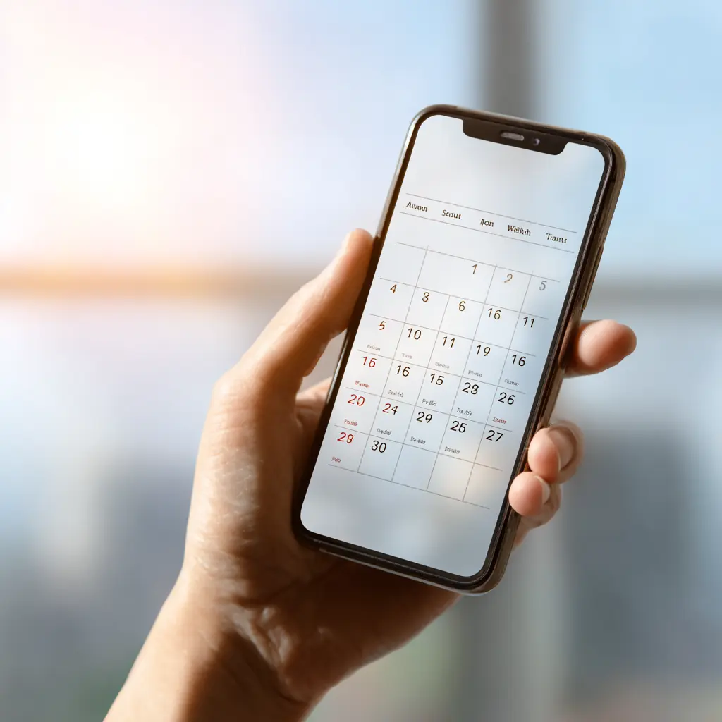 a hand holding a cellphone with a calendar filling the screen