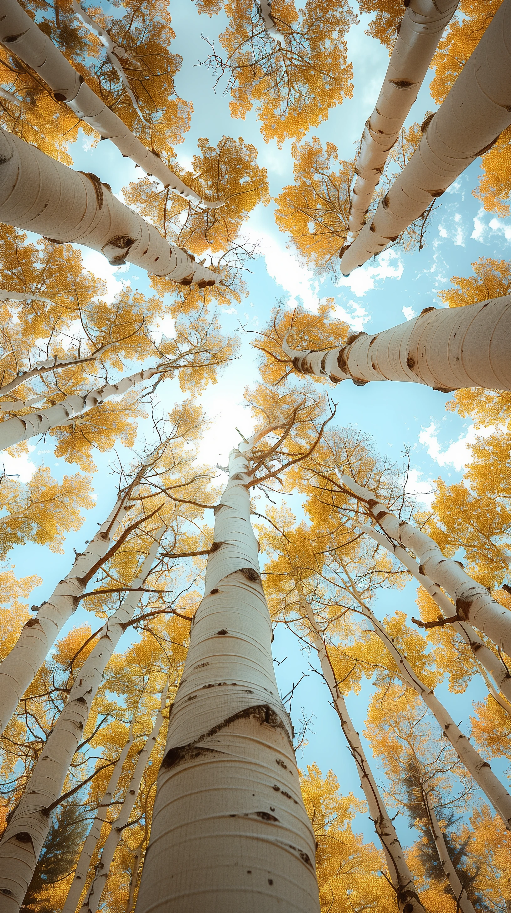 bottom view of aspen grove trees with direct view of the sky