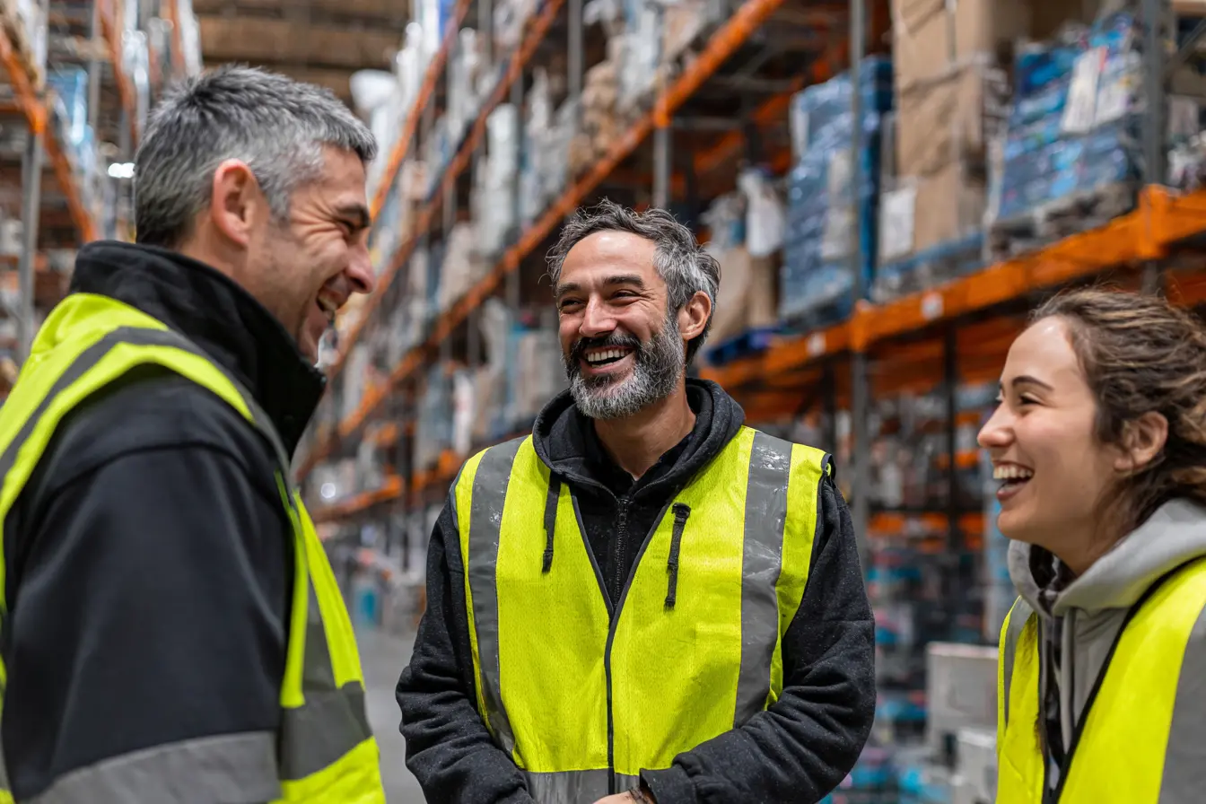 three employees standing in a warehouse laughing while in conversation