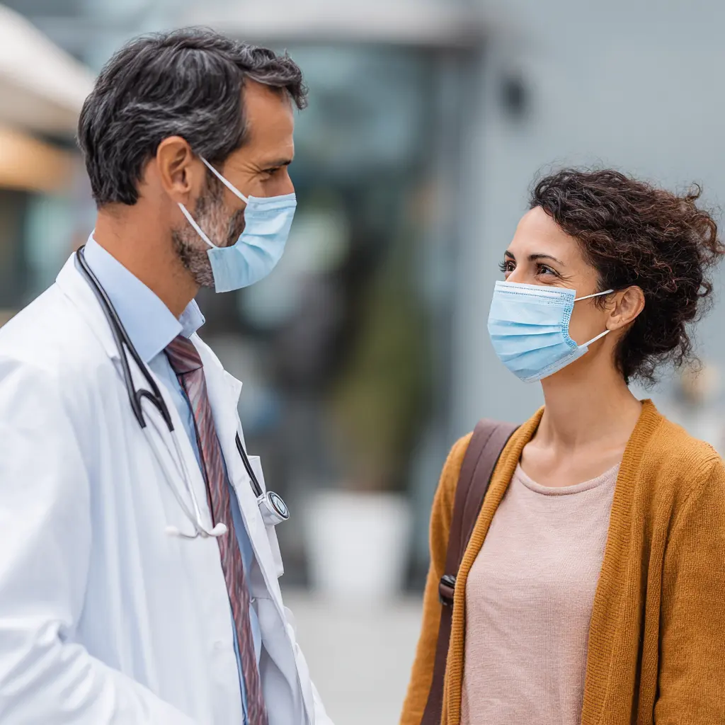 an image of a healthcare provider and a patient, both wearing masks