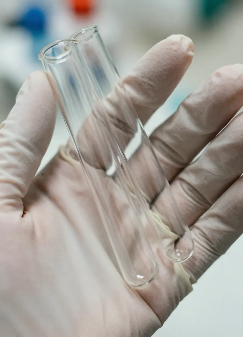 a gloved handing holding two cylinder test tubes