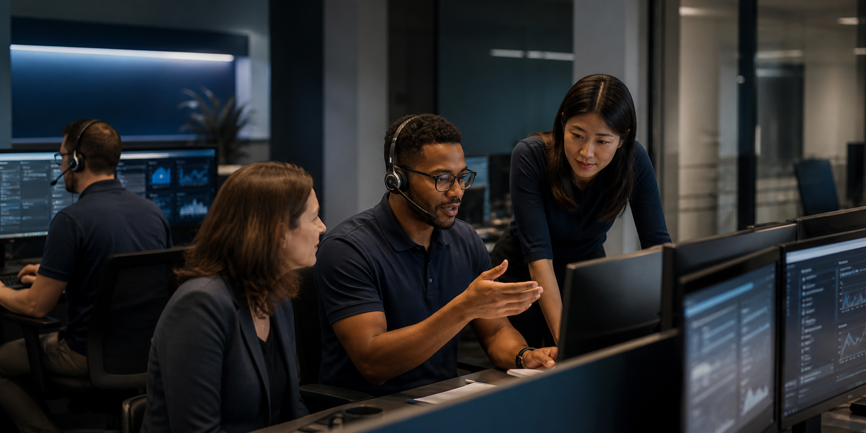Enterprise IT Service Desk team collaborating on support requests