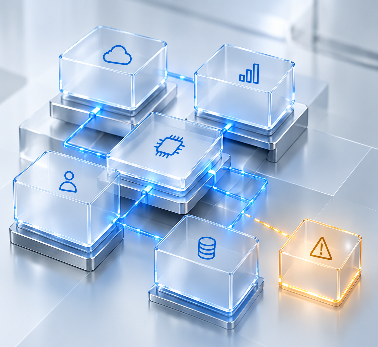 Conceptual illustration of connected enterprise platforms and an isolated cyber threat.