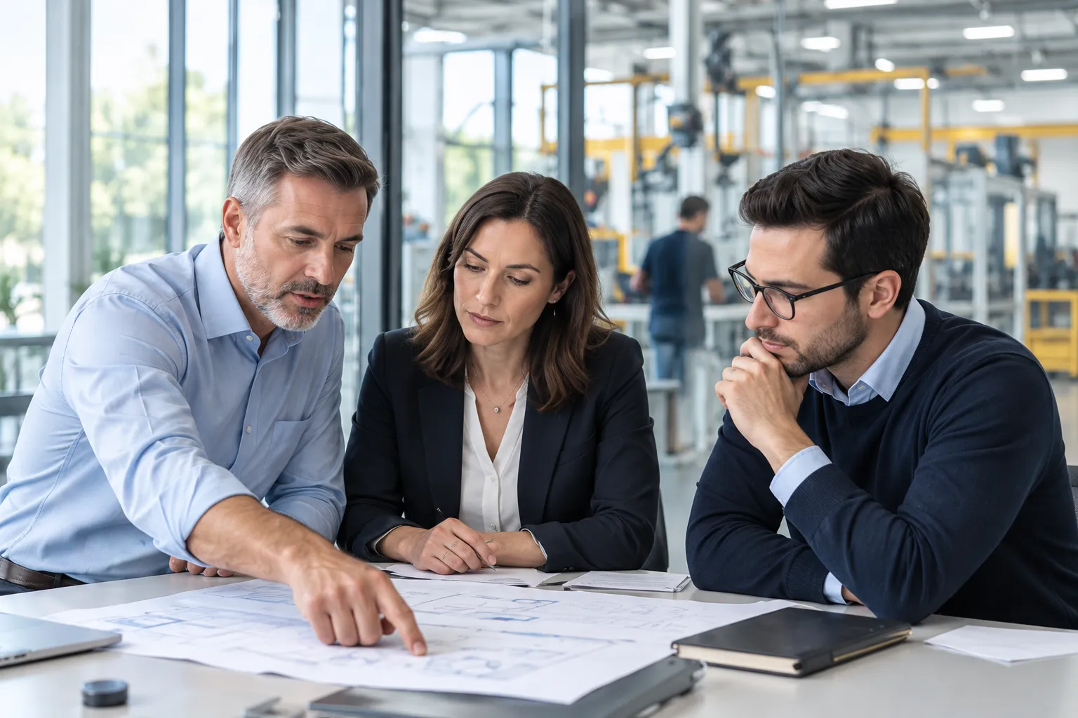 Business process consultants and client leaders reviewing operational workflows in a manufacturing environment.