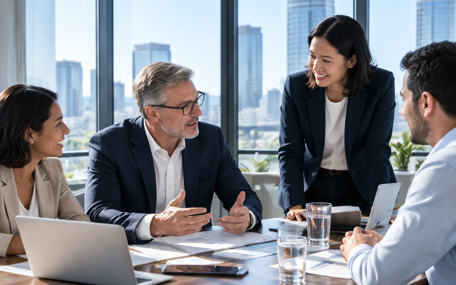 Four business professionals having a meeting in a modern office with large windows overlooking a cityscape; one woman is speaking while others listen attentively around a table with documents and a laptop.
