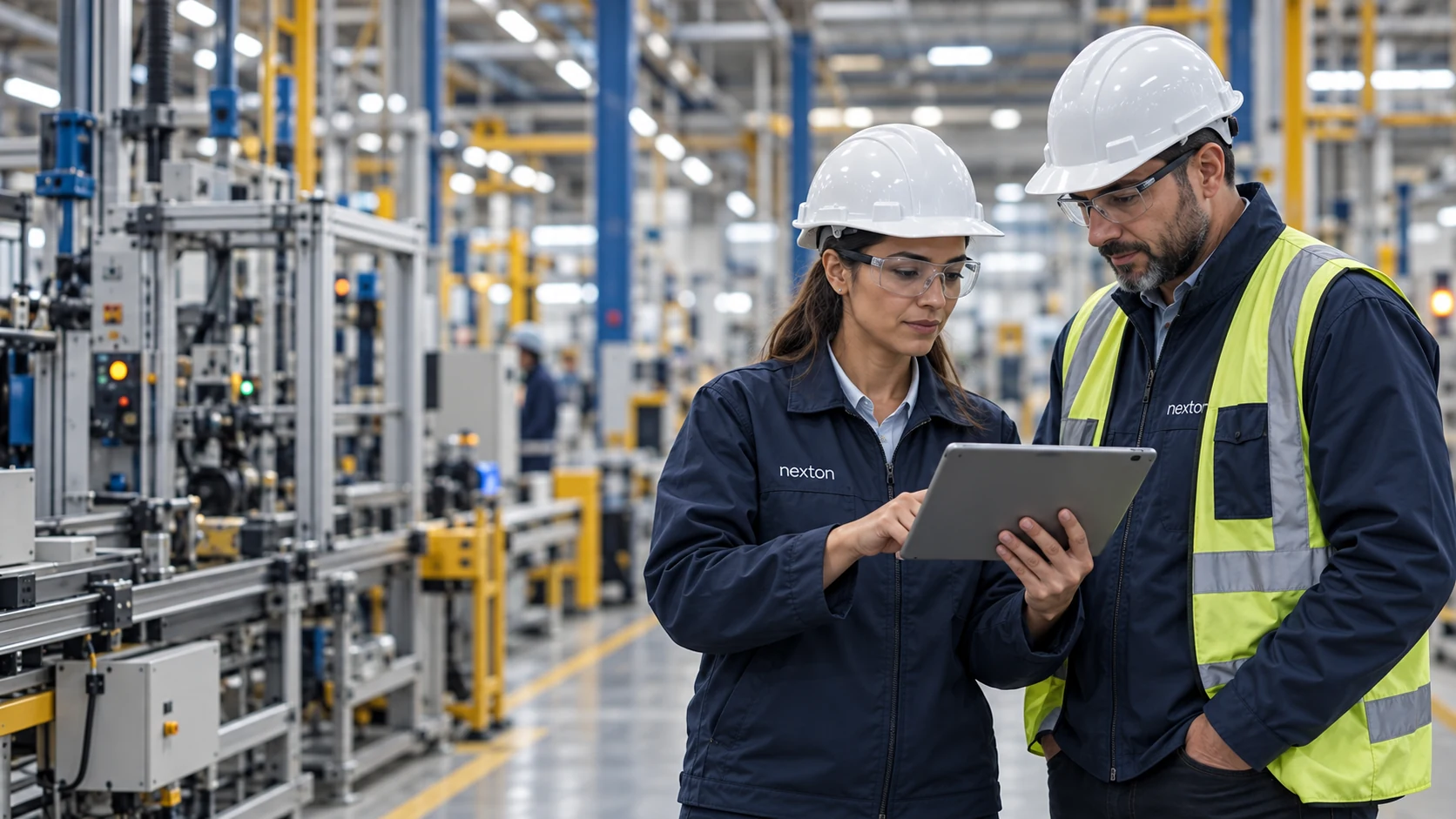 Two Nexton professionals wearing navy jackets and plain white hardhats review a tablet in a manufacturing plant.