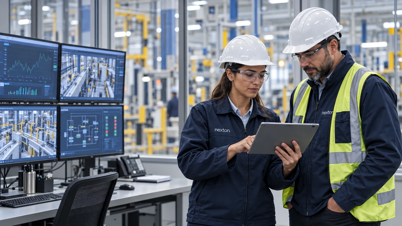 The same Nexton team reviews operational information in a manufacturing control room, with logos on their navy jackets and unbranded white hardhats.