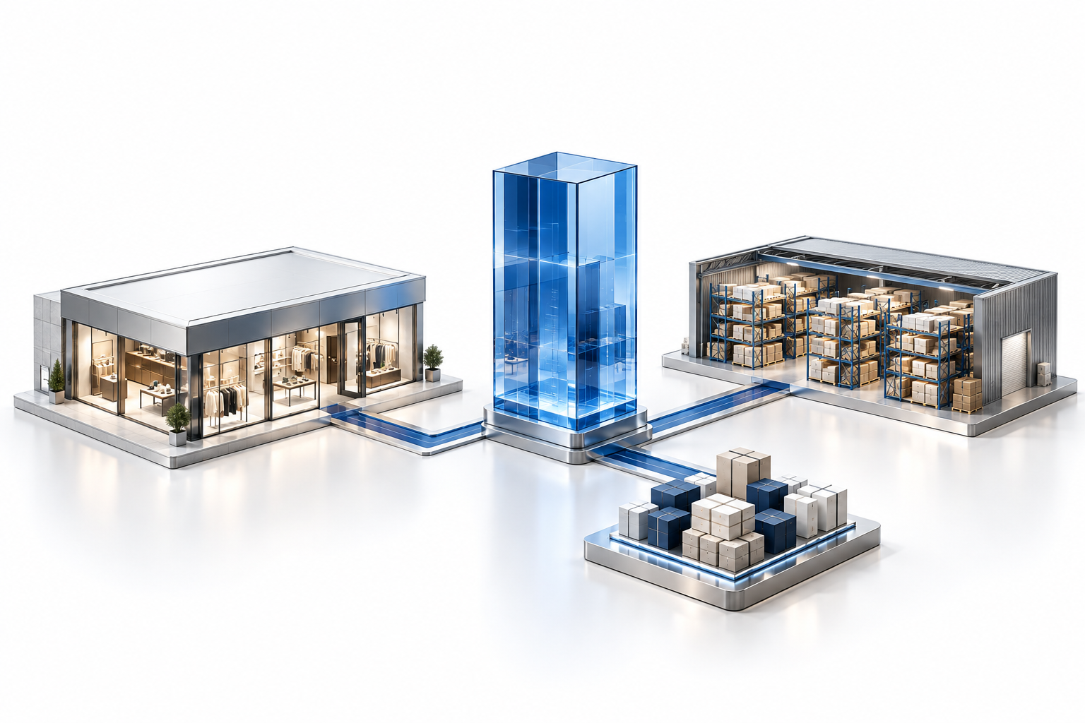 Conceptual illustration of connected stores, inventory and a warehouse