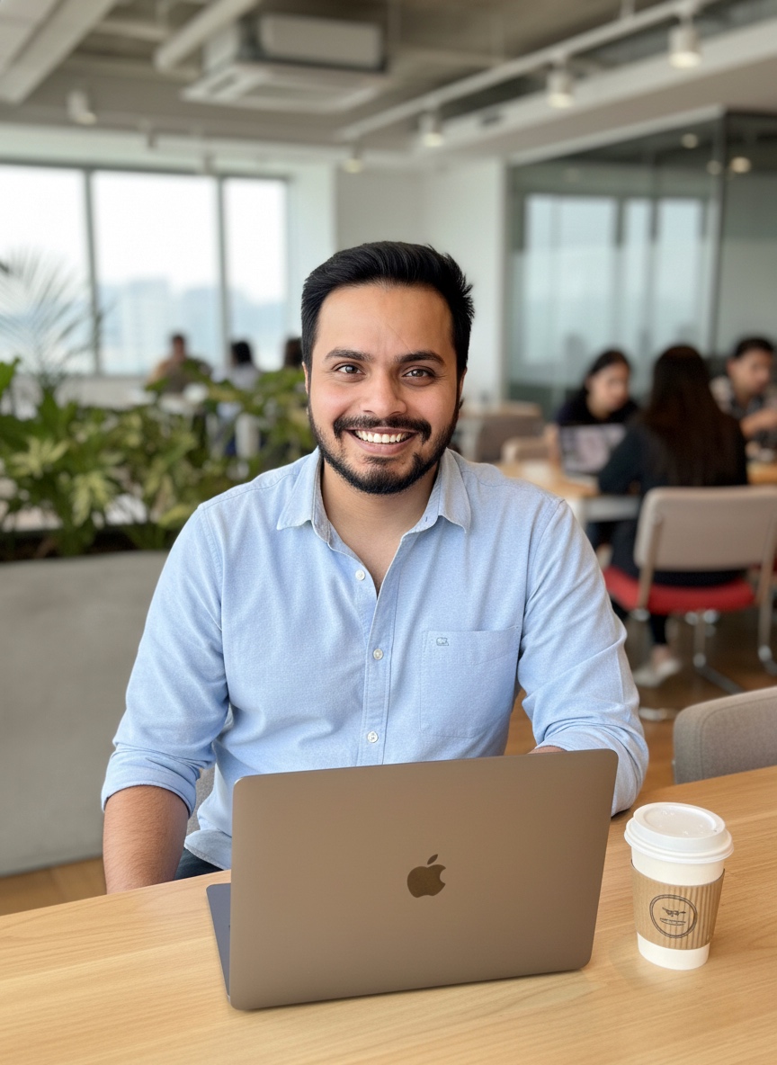 Smiling man in a light blue shirt sitting at a wooden table with an Apple laptop and a coffee cup in a modern office.