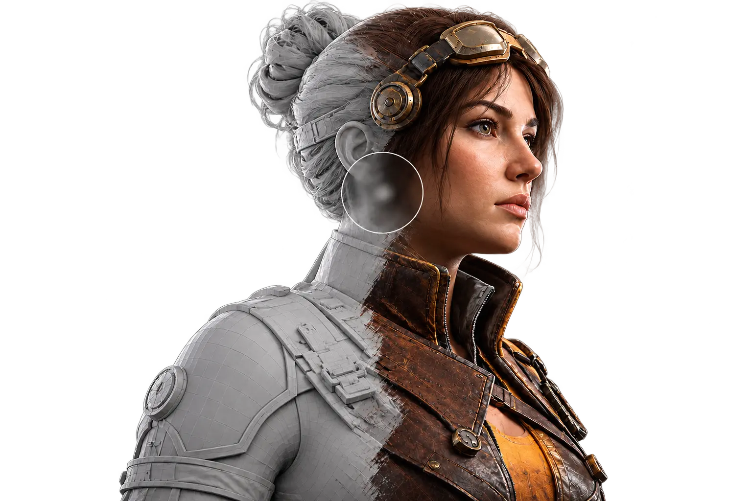Character render shown half as untextured grey geometry and half fully textured in leather and brass