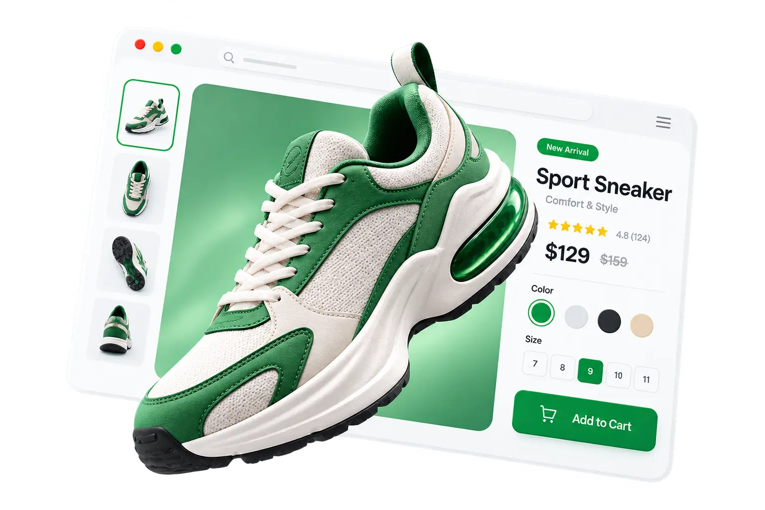 Ecommerce product page for a green and cream sport sneaker, with a 3D view of the shoe lifting out of the browser window beside colour and size options and an Add to Cart button