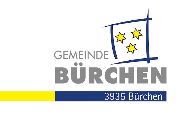 Logo der Gemeinde Bürchen mit drei gelben Sternen in einem blauen Rahmen und der Postleitzahl 3935 Bürchen.