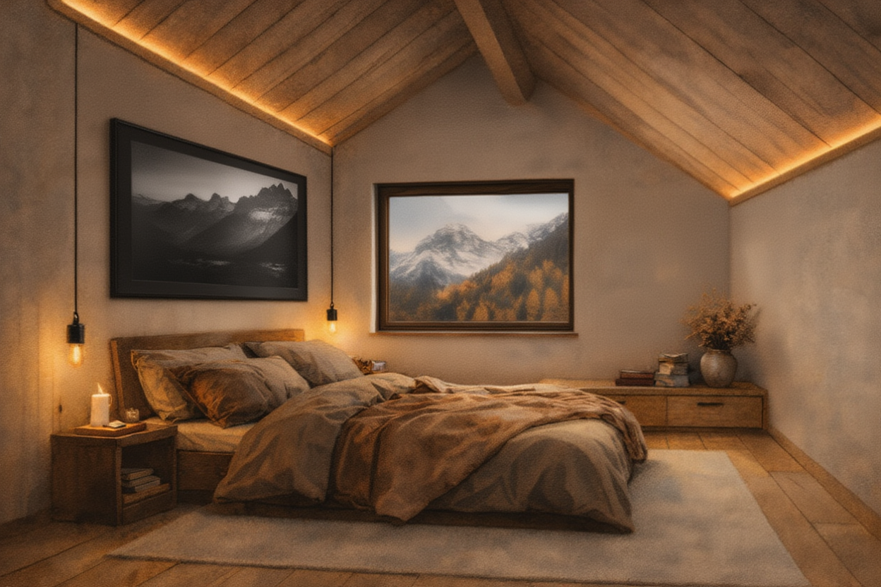 Modernes Wohnzimmer mit hellem Sofa, dunklem Holztisch, großem Flachbildfernseher und einem großen Topfpflanze neben dem Sideboard.