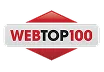 Logo WEBTOP100 s červeným a černým geometrickým pozadím.