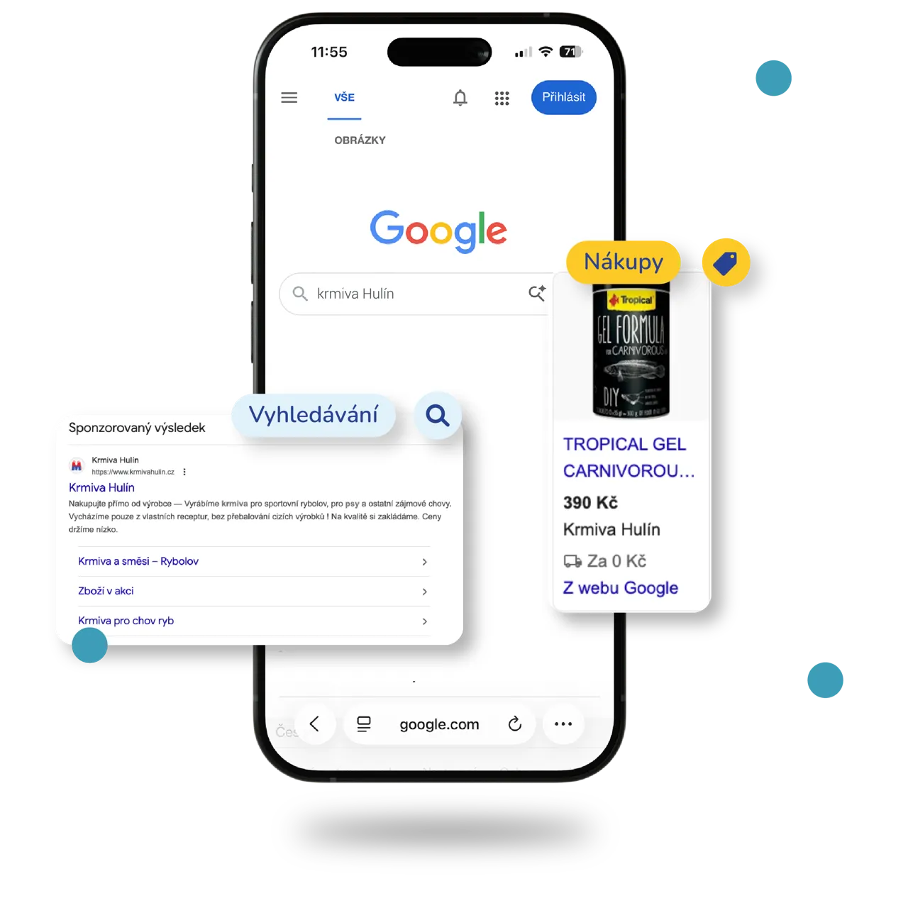 Mobil zobrazuje výsledky vyhledávání Google pro 'krmiva Hulín' včetně sponzorovaného odkazu a nákupní nabídky na Tropical Gel Carnivorous za 390 Kč.