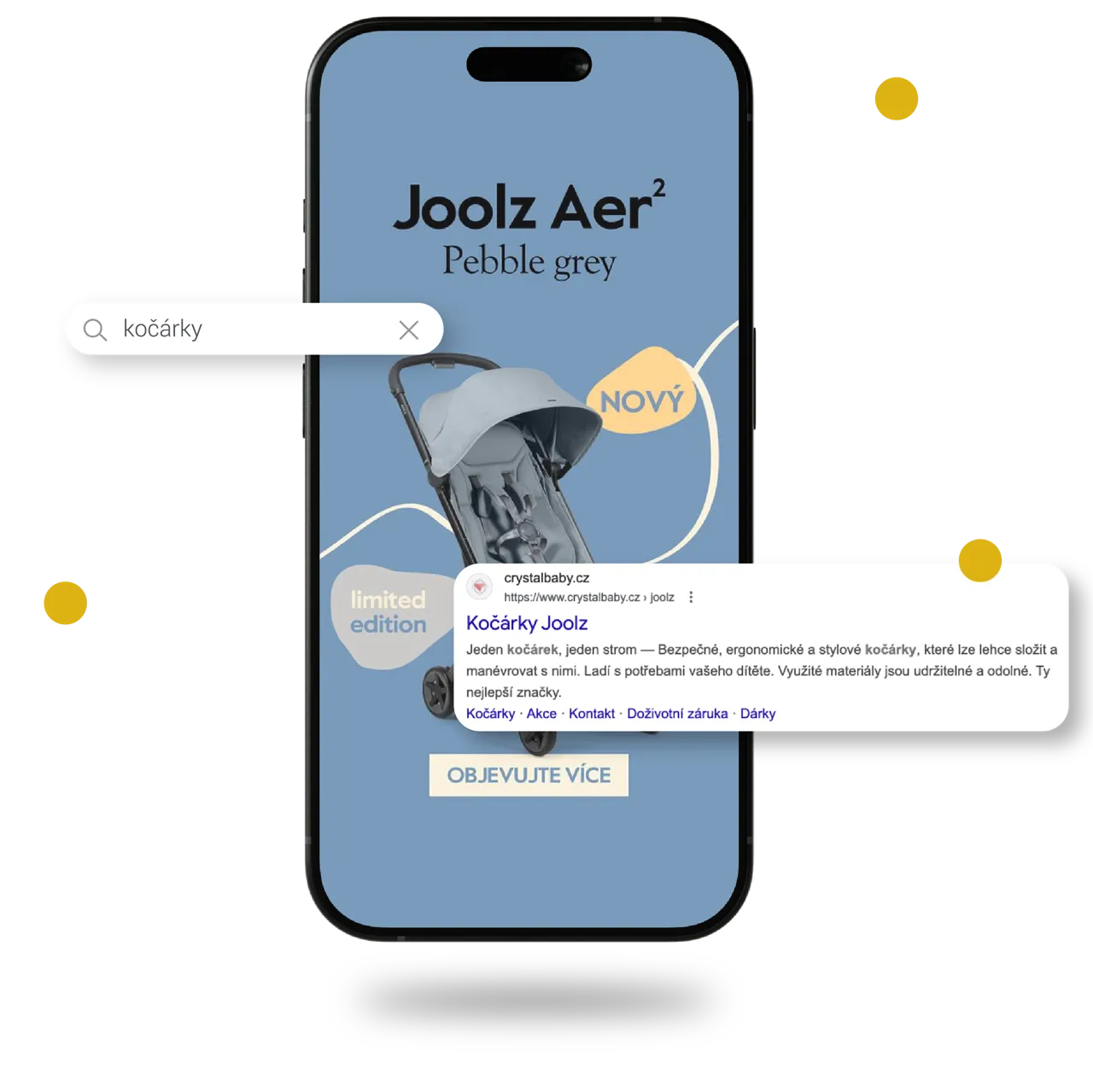 Mobilní obrazovka zobrazující sportovní kočárek Joolz Aer2 Pebble grey s označením novinka a limitovaná edice s výzvou Objevujte více.