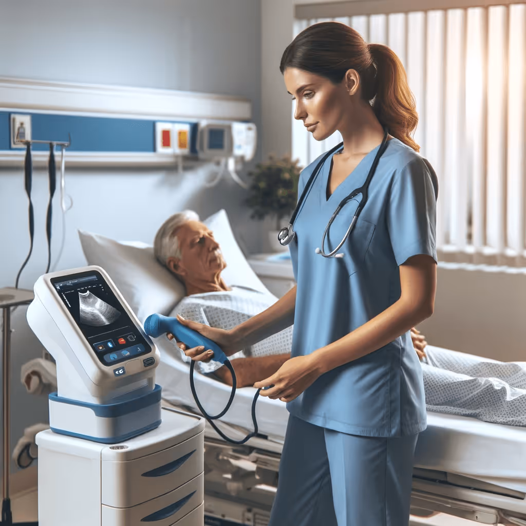 Nurse using a bladder scanner