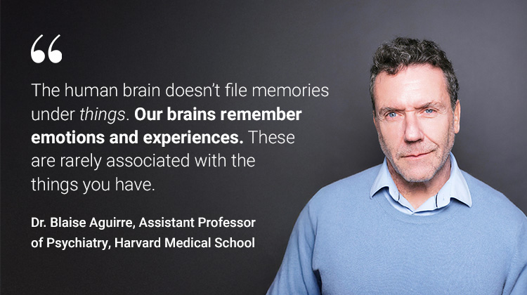 An image and quote from Harvard Psychiatrist, Dr. Blaise Aguirre, about our brains remembering emotions and experiences.